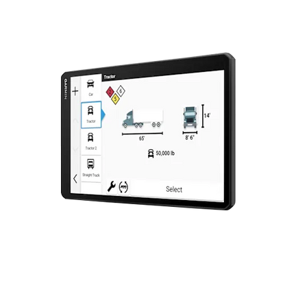 Garmin Dezl OTR820, 8 inch GPS Truck Navigator, (010-02925-00) showing detailed truck settings and options for drivers.