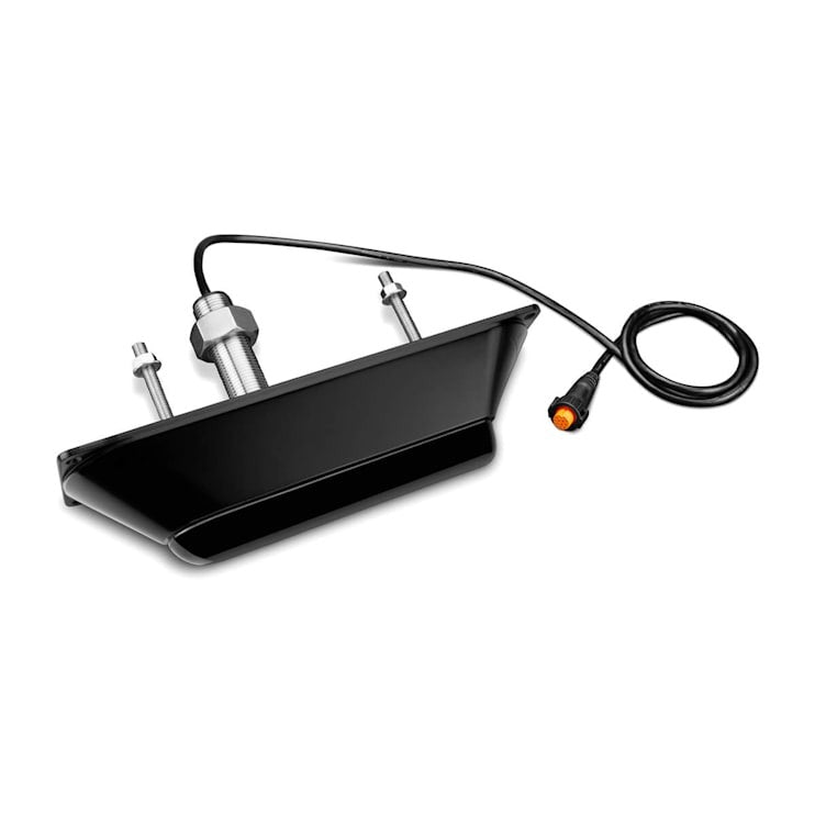 Garmin GT30-TH fish finder transducer; black housing with mounting bolts and orange connector