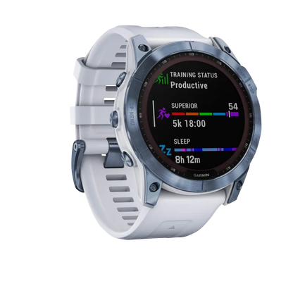 Garmin Fēnix 7X, édition solaire Sapphire, titane bleu minéral avec bracelet Whitestone (reconditionné certifié Garmin)