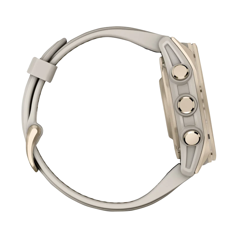 Garmin Fenix 8, 43 mm AMOLED Sapphire, Soft Gold with Fog Gray/Dark Sandstone Silicone Band (010-02903-10)