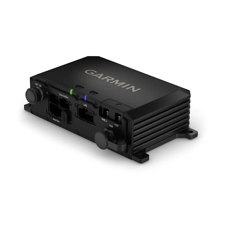 Garmin Tread Audio System with LED controller, black marine audio unit front-panel LEDs and ports visible