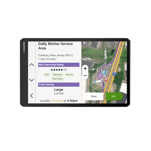 Garmin Dezl OTR820, 8 inch GPS Truck Navigator, (010-02925-00) showing detailed maps and truck parking info.