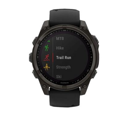 Garmin Fenix 8, 47 mm AMOLED, Solar Sapphire, Carbon Gray DLC Titanium with Black/Pebble Gray Silicone Band (010-02906-10)