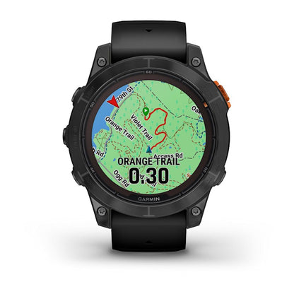 Garmin fēnix 7 Pro Solar smartwatch with slate gray case and black band displaying a map