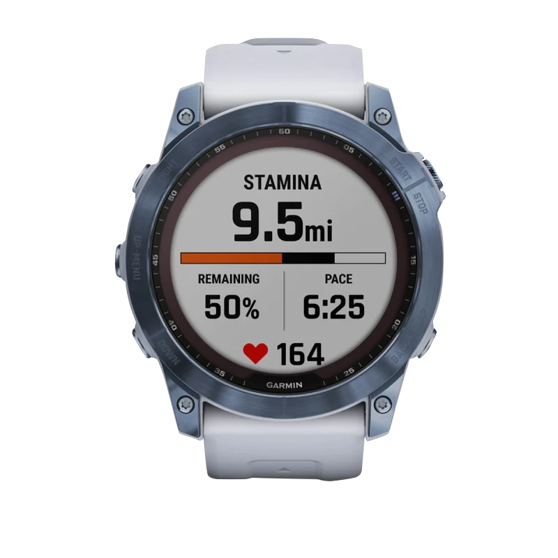 Garmin Fēnix 7X, édition solaire Sapphire, titane bleu minéral avec bracelet Whitestone (reconditionné certifié Garmin)
