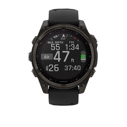 Garmin Fenix 8, 47 mm AMOLED, Solar Sapphire, Carbon Gray DLC Titanium with Black/Pebble Gray Silicone Band (010-02906-10)