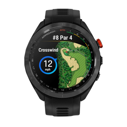 Garmin Approach S70, 47 mm Black/Red Ceramic Bezel with Black Silicone Band (010-02746-02)
