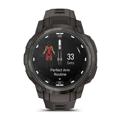 Garmin Instinct Crossover AMOLED smart watch with rugged dark case and round display.