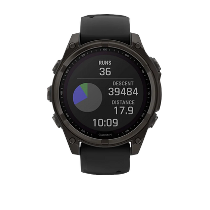 Garmin Fenix 8, 47 mm AMOLED, Solar Sapphire, Carbon Gray DLC Titanium with Black/Pebble Gray Silicone Band (010-02906-10)
