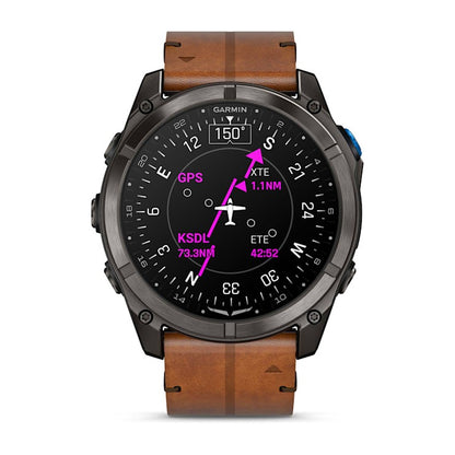 Garmin D2 Mach 2 Pro Carbon Gray DLC Titanium smart watch with chestnut leather band