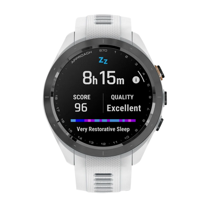 Garmin Approach S70, 42 mm Black/Peach Ceramic Bezel with White Silicone Band (010-02746-00)