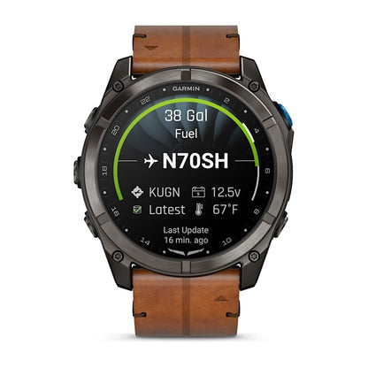 Garmin D2 Mach 2 Pro smart watch, carbon gray DLC titanium case with chestnut leather band.