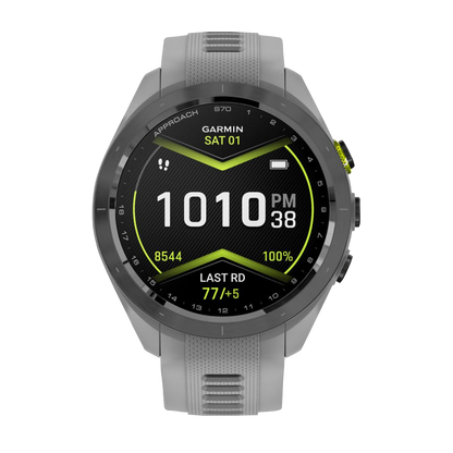 Garmin Approach S70, 42 mm Black/Amp Yellow Ceramic Bezel with Powder Gray Silicone Band (010-02746-01)
