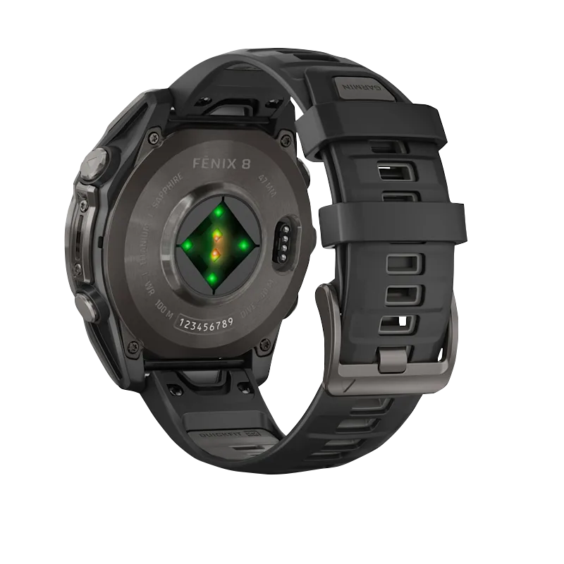 Garmin Fenix 8, 47 mm AMOLED Sapphire, Carbon Gray DLC Titanium with Black/Pebble Gray Silicone Band (010-02904-20)