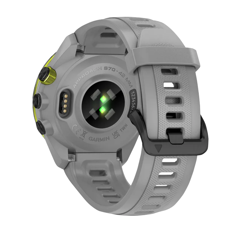 Garmin Approach S70, 42 mm Black/Amp Yellow Ceramic Bezel with Powder Gray Silicone Band (010-02746-01)
