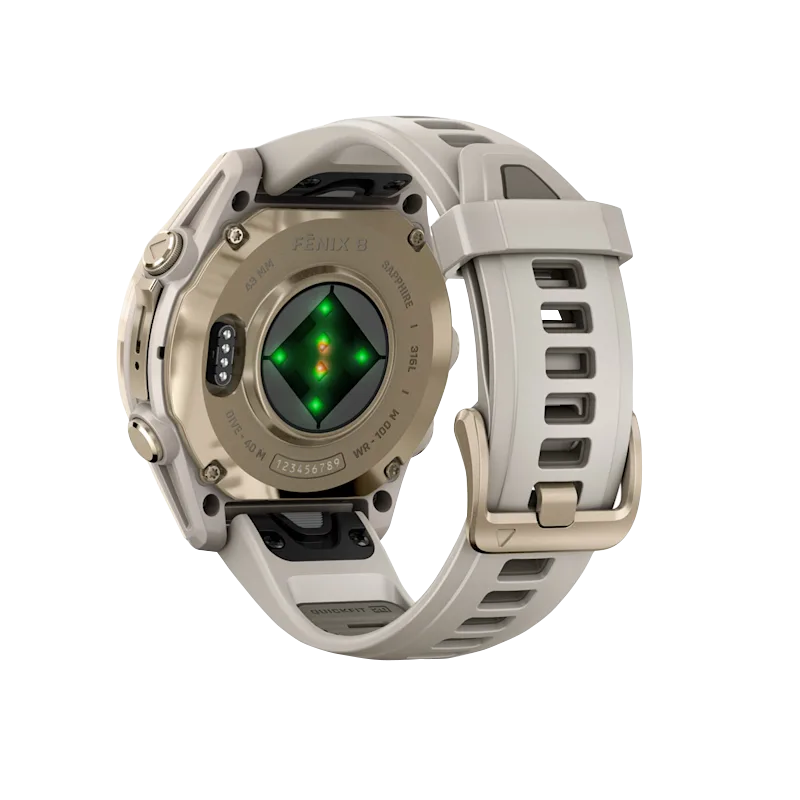 Garmin Fenix 8, 43 mm AMOLED Sapphire, Soft Gold with Fog Gray/Dark Sandstone Silicone Band (010-02903-10)