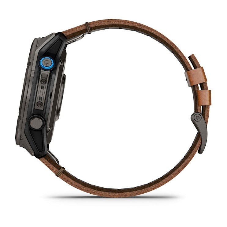 Garmin D2 Mach 2 Pro smart watch with carbon gray DLC titanium case and chestnut leather band