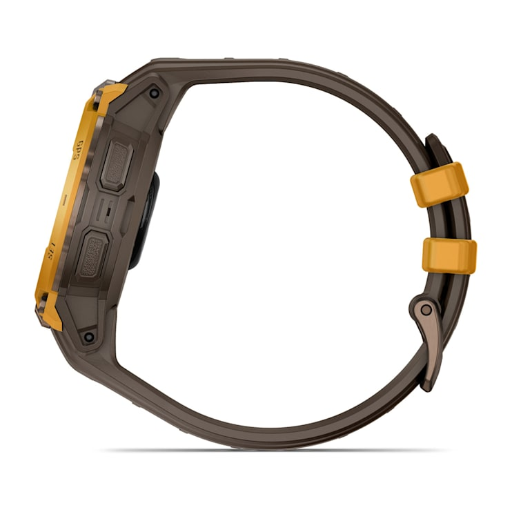 Garmin Instinct Crossover AMOLED watch with brown strap and yellow bezel
