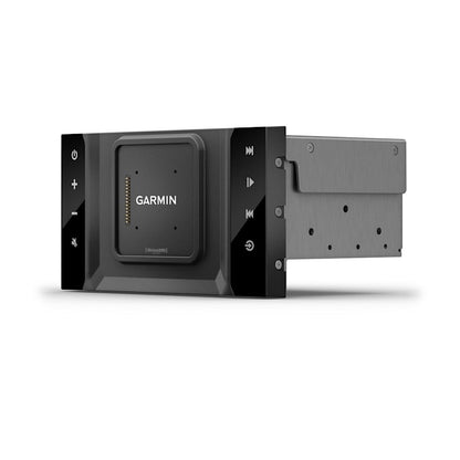 Garmin Vieo RV 51 stereo dock unit, black front panel with Garmin branding.