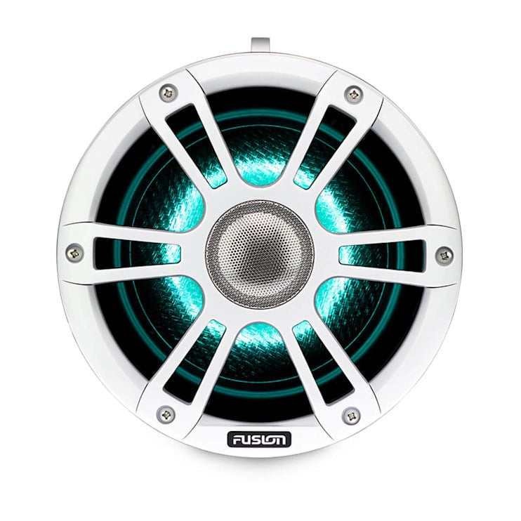 Garmin Fusion Signature Series 3 Marine Wake Tower Speaker, round white enclosure with teal glow and Fusion logo