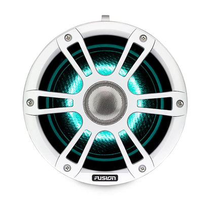 Garmin Fusion Signature Series 3 Marine Wake Tower Speaker, round white enclosure with teal glow and Fusion logo