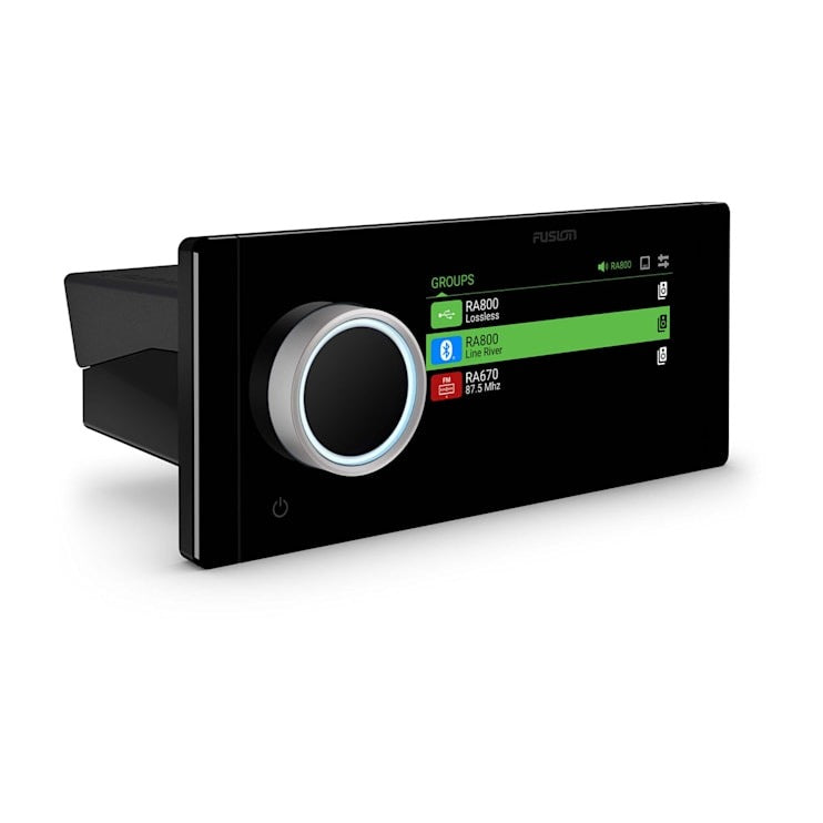 Garmin Fusion Apollo MS-RA800 marine head unit with a black front panel and silver rotary knob.