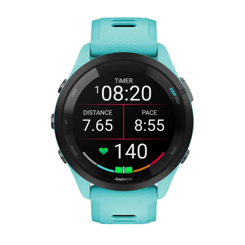 Garmin Forerunner 265, 46 mm Black Bezel with Aqua Case and Aqua/Black Silicone Band (010-02810-02)