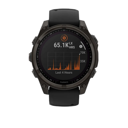 Garmin Fenix 8, 47 mm AMOLED, Solar Sapphire, Carbon Gray DLC Titanium with Black/Pebble Gray Silicone Band (010-02906-10)