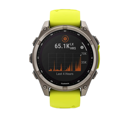 Garmin Fenix 8, 51 mm Solar Sapphire, Titanium with Amp Yellow/Graphite Silicone Band (010-02907-20)