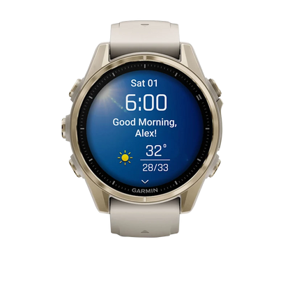 Garmin Fenix 8, 43 mm AMOLED Sapphire, Soft Gold with Fog Gray/Dark Sandstone Silicone Band (010-02903-10)