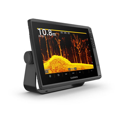 Garmin ECHOMAP Ultra 12-inch chartplotter on a mounting stand with GT56UHD-TM transducer