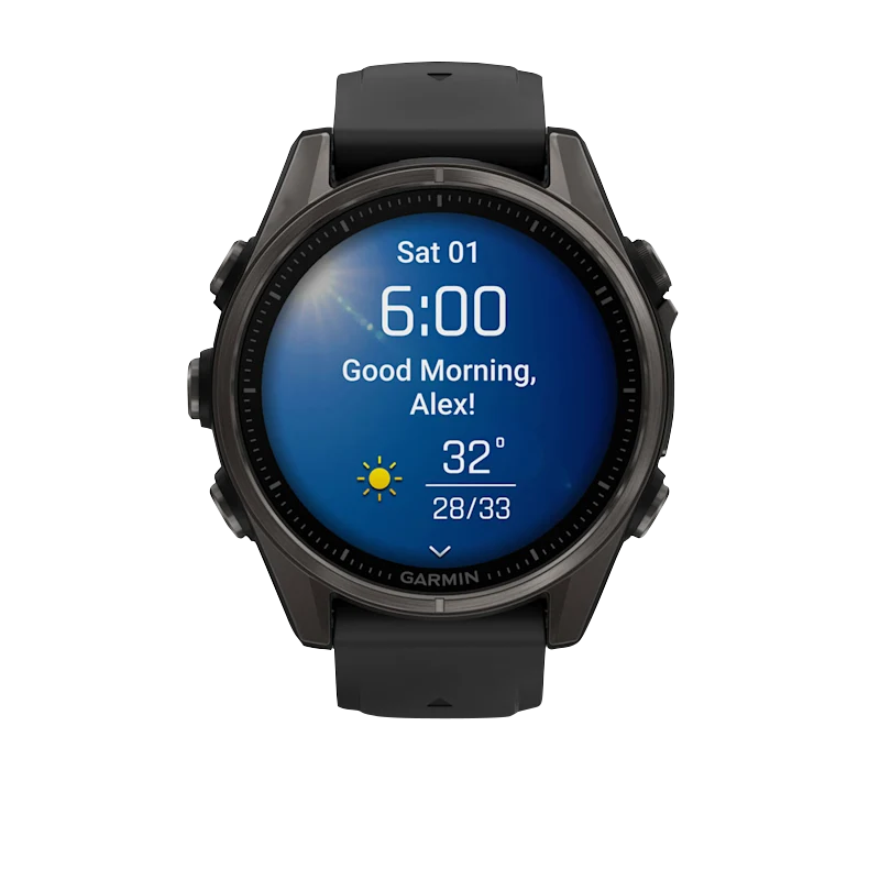 Garmin Fenix 8, AMOLED 43mm, Sapphire Carbon Gray DLC Titanium with Black/Pebble Gray Silicone Band (010-02903-20)