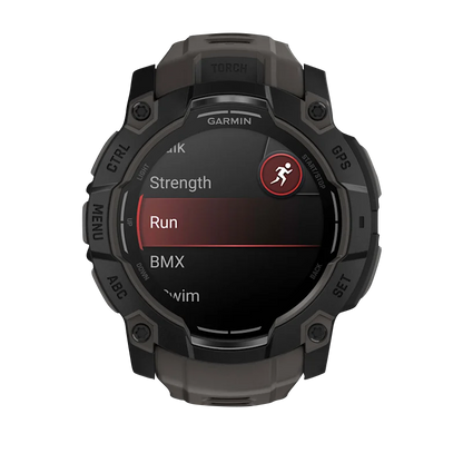 Garmin Instinct 3 AMOLED, (50mm) Black with Charcoal Band (010-03020-00) showcasing fitness activity options.