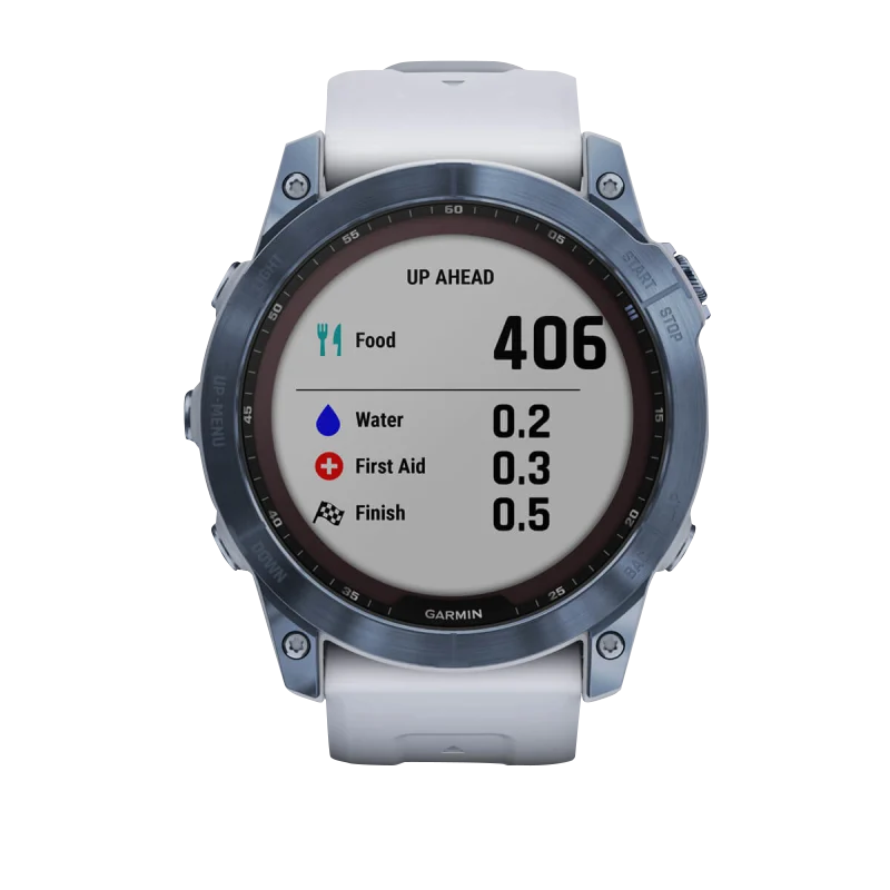 Garmin Fēnix 7X, édition solaire Sapphire, titane bleu minéral avec bracelet Whitestone (reconditionné certifié Garmin)