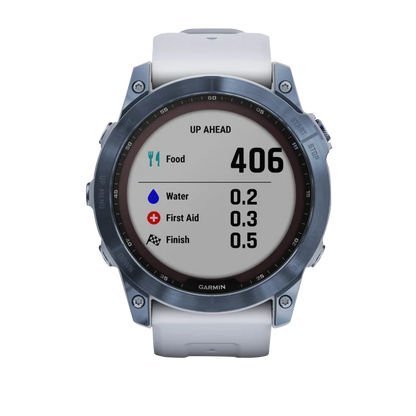 Garmin Fēnix 7X, édition solaire Sapphire, titane bleu minéral avec bracelet Whitestone (reconditionné certifié Garmin)