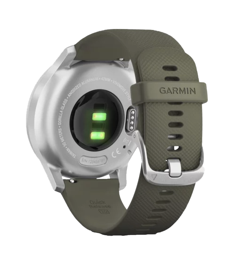 Garmin Vivomove Style - Silver Aluminum Case with Moss Silicone Band (010-02240-01)