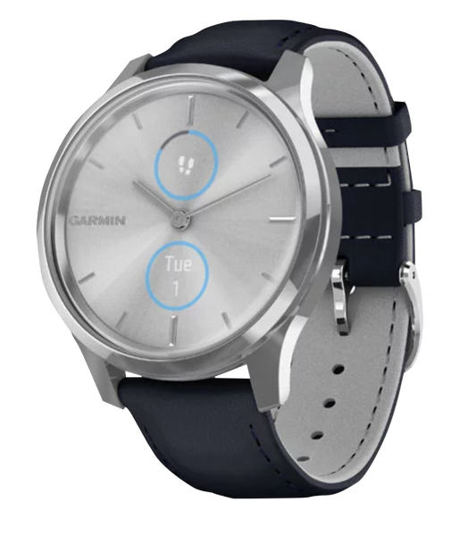 Garmin Vívomove Luxe - Silver Stainless Steel Case with Navy Italian Leather Band (010-02241-00) by Garmin