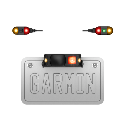 Garmin Xero R1 Motorcycle Radar mounted on a license plate with rearview radar and external lights for visibility.