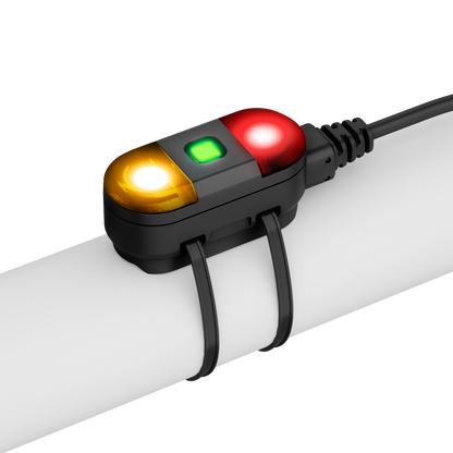 Garmin Xero R1 Motorcycle Radar with red, green and yellow lights mounted on a bar for rear/blind-spot monitoring.